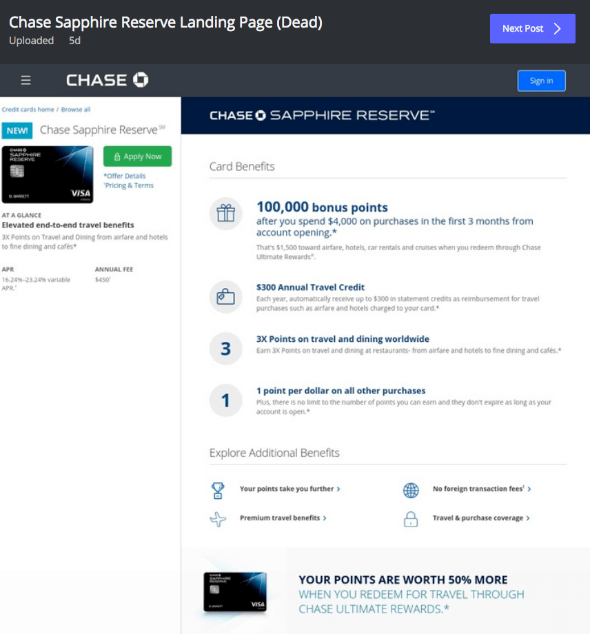 Chase Sapphire Reserve Landing Page - Dead